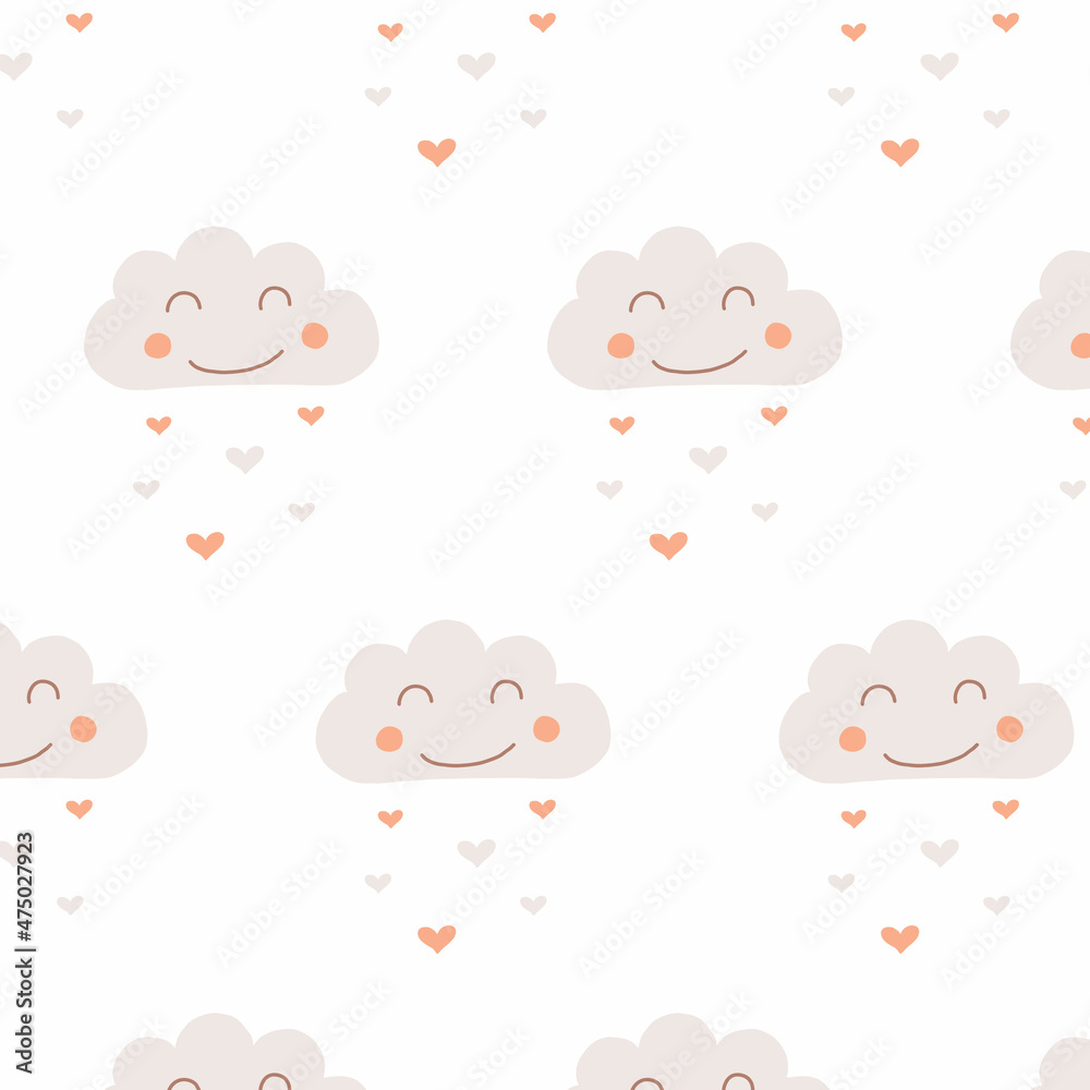 Vector seamless pattern with clouds and hearts in baby boho style. Boho style nursery decoration.