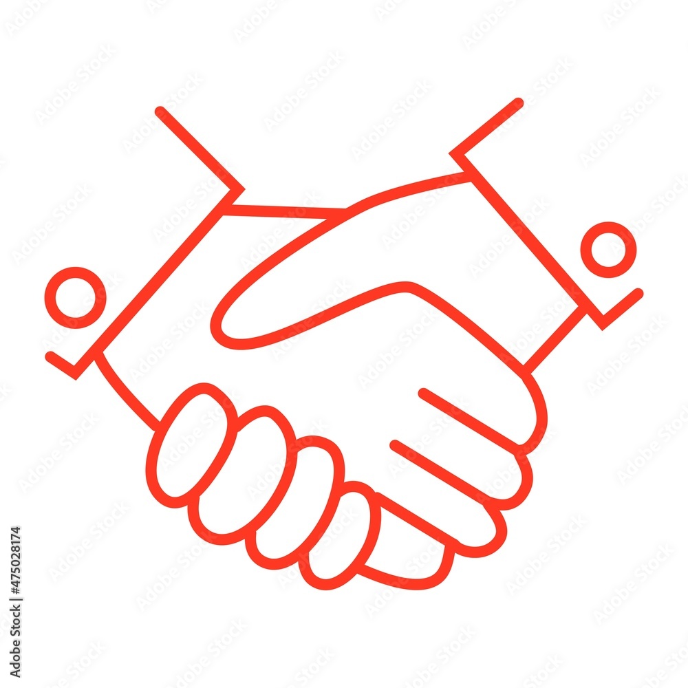 Handshake symbol. Two hands shake each other. Simple orange outline vector icon with thin lines
