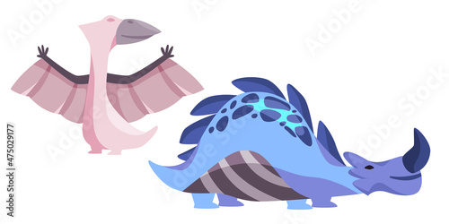 Dino dinosaurs cute character set collection of colorfull funny kids children style illustration pterodactyl