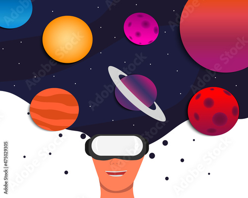 Study the universe with the metaverse、happy man travel space in the metaverse.vector.
