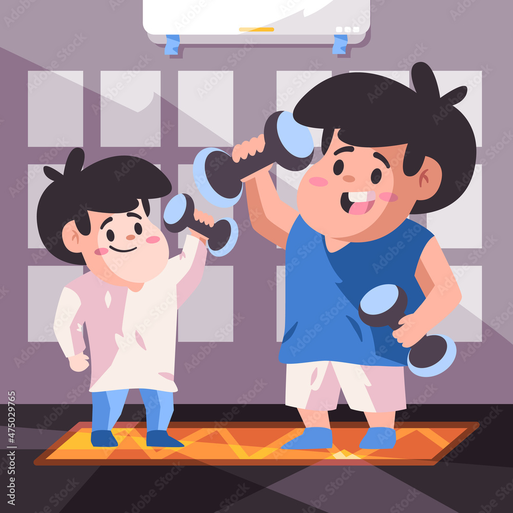 Father and his son coach is playing dumbbell to get fit and healthy in indoor gym modern cartoon flat color isolated background illustration