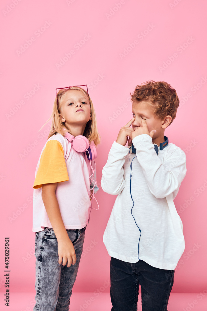 boy and girl casual wear headphones entertainment boy and girl casual wear headphones entertainment