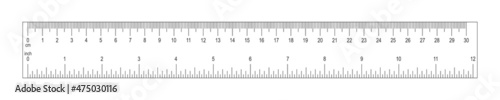 Horizontal ruler with 30 centimeter and 12 inch scale. Measuring chart with markup and numbers. Distance, height or length measurement tool isolated on white background. Vector graphic illustration.