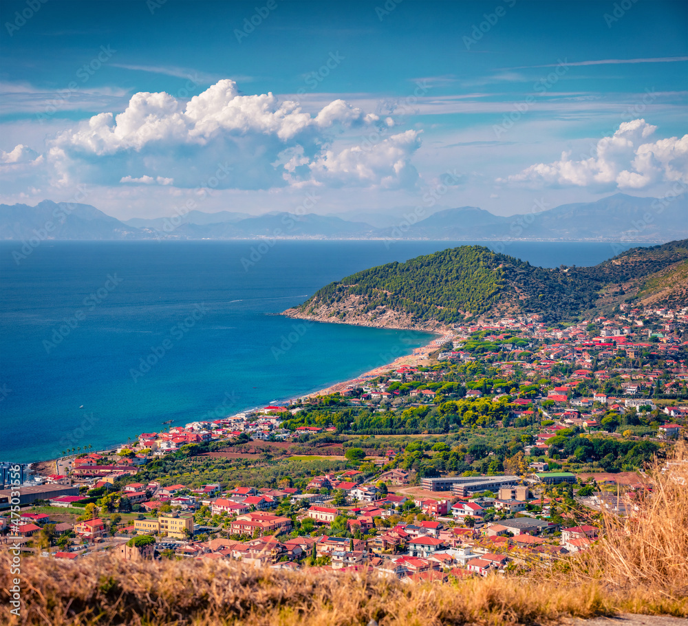 Fototapeta premium Aerial landscape photography. Splendid summer view of Santa Maria di Castellabate town. Colorful morning scene of province of Salerno, Campania region of south-western Italy, Europe.