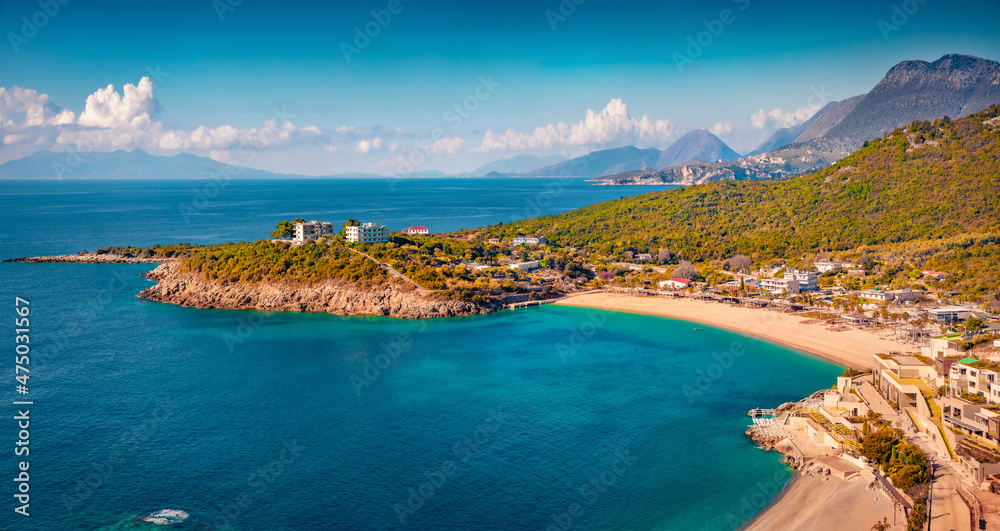 Aerial landscape photography. Bright morning view of Jale Baech. Captivating spring scene of Albania, Europe. Spectacular seascape of Adriatic sea. Traveling concept background.