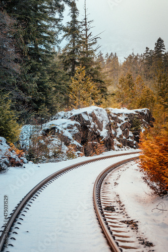 Abandoned train tracks covered in snow, located in Squamish BC, Canada near Whistler and Vancouver.