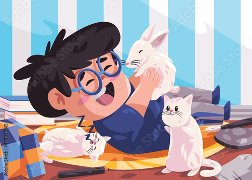 Boy with blue t shirt is sitting in sofa and playing with his pets white rabbits modern cartoon flat blue color isolated background illustration
