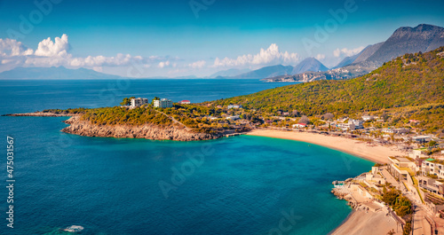 Aerial landscape photography. Bright morning view of Jale Baech. Captivating spring scene of Albania, Europe. Spectacular seascape of Adriatic sea. Traveling concept background.