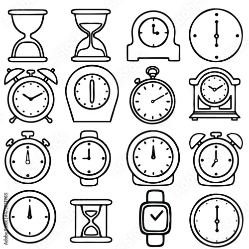 Time and clock icon set, timer, speed, alarm, restore, management, watch thin line symbols for web and mobile phone isolated