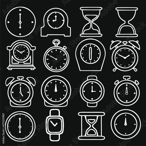 Time and clock icon set, timer, speed, alarm, restore, management, watch thin line symbols for web and mobile phone isolated