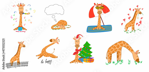 A set with a giraffe in different situations, isolated in the style of doodles. Vector illustration