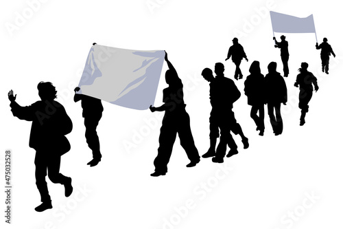 Procession, Silhouettes of a group of people with placards strike are marching in formation, holding slogans with demands their hands, demonstration, parade, joyful, young men and women on a holiday