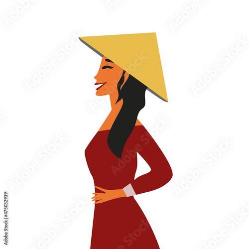 Beautiful Happy Asian Girl Dressed In National Traditional Ao Dai Dress - Costume, Vietnamese Conical Hat ( Non La, Leaf Hat ). Flat vector illustration portrait modern Vietnamese women.