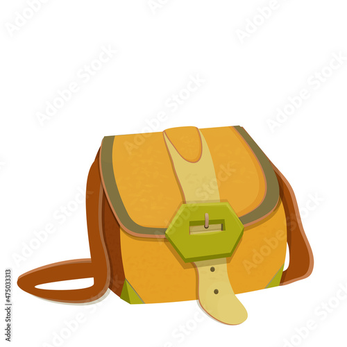 Leather bag, suitcase in cartoon style isolated on white background. Ui game 2d asset. Medieval, archival fantasy fashion accessory.