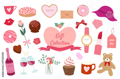 set of gift elements for woman. Vector illustration for wedding, Mother's Day, birthday, and Valentine's Day. 