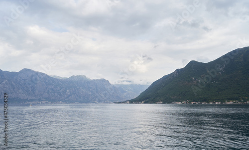 Seascape with mountains and rainy weather in Montenegro