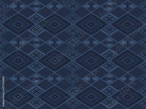 Geometric seamless pattern with rhombus endless knot and dot. Light and dark blue elements on indigo background. Vector illustration. For shirt textile cloth silk scarf bandana wallpaper mobile case 