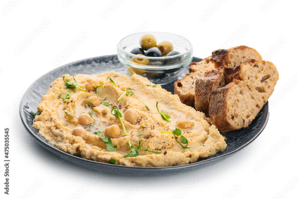 Plate with delicious hummus, bread and olives on white background Plate with delicious hummus, bread and olives on white background