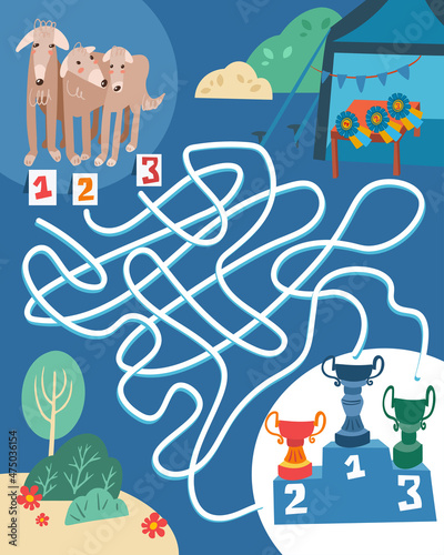 What place will each dog take. Follow the paths. Maze education for kids. Full color hand drawing vector illustration.