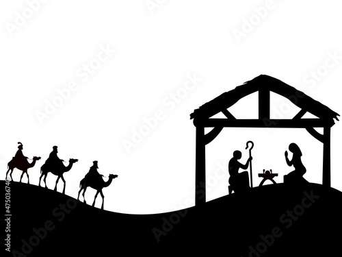 Stampa su tela Walk of the three wise men over the desert to visit the newborn Jesus, and bring