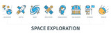 Space exploration concept with icons. Solar system, shuttle, galaxy, space station, animals in space, hale telescope, astronaut, satellite. Web vector infographic in minimal flat line style