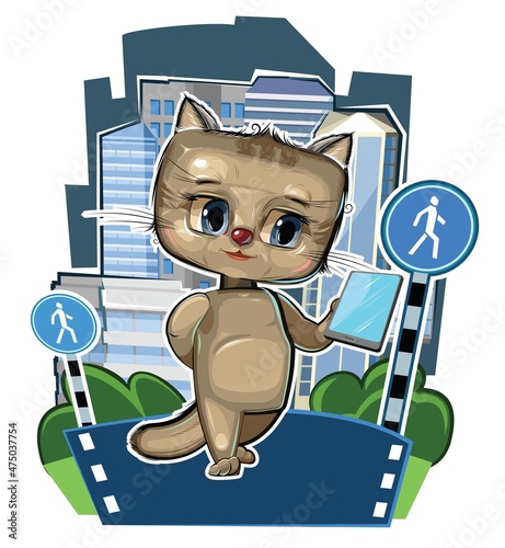 Cute kid Kitten with a smartphone in the pedestrian zone. Traffic Laws. Good kid animal. Illustration for children. Isolated on white background. Vector