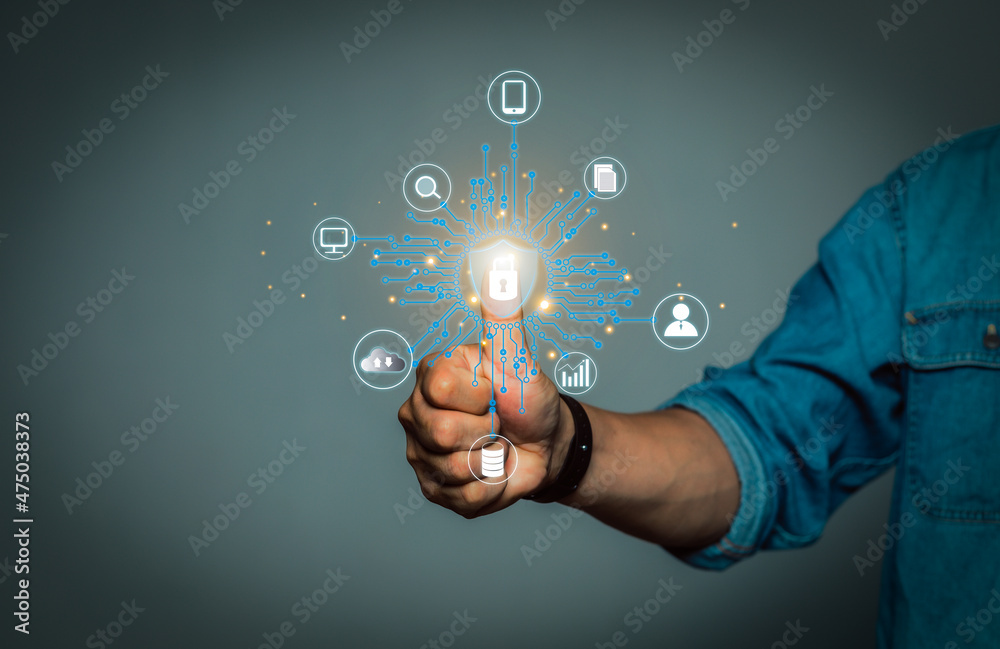man showing information network control technology icon
