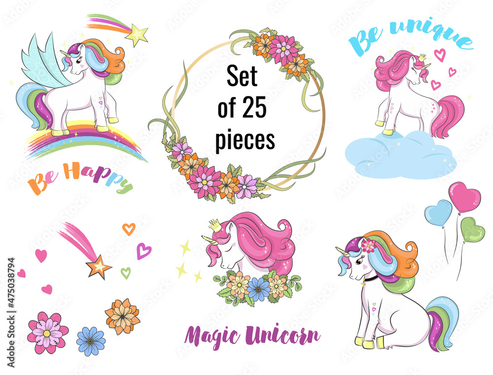 Set of cute magical unicorns with elements for design. Illustration for children's prints, postcards, etc.