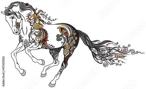 running stallion horse in the gallop. Galloping wild pony or mustang. Floral style. Tattoo. Isolated vector illustration 