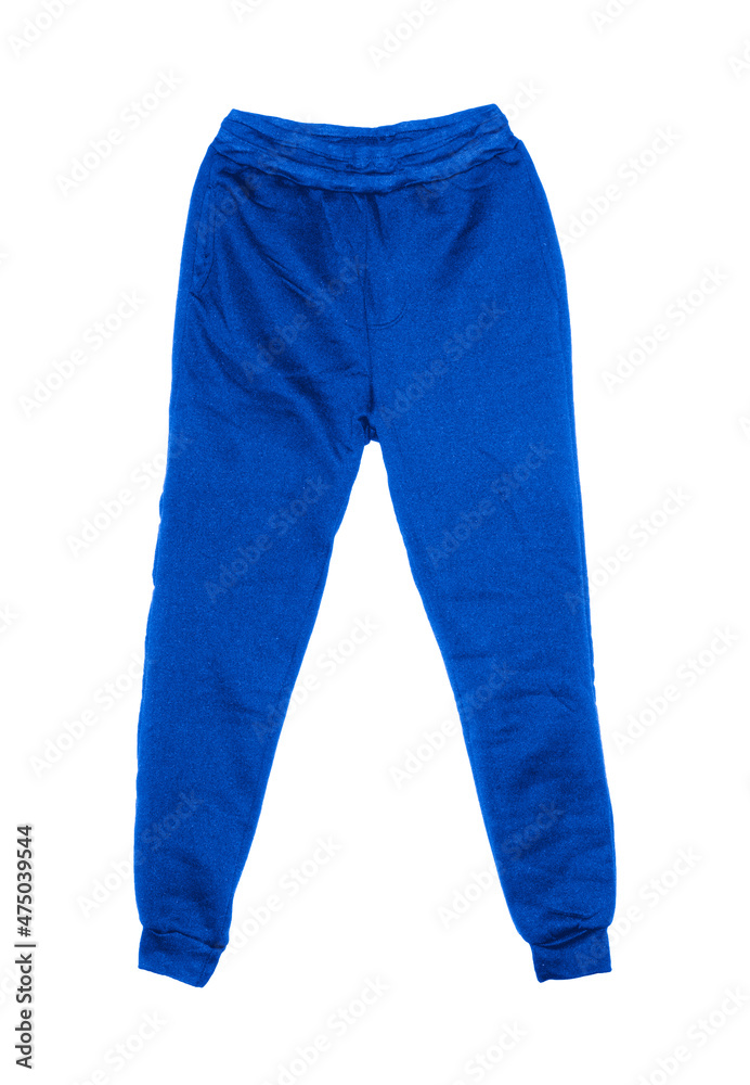 Blank training jogger pants color blue on invisible mannequin template front view on white background
Blank training jogger pants color blue on invisible mannequin template front view on white background