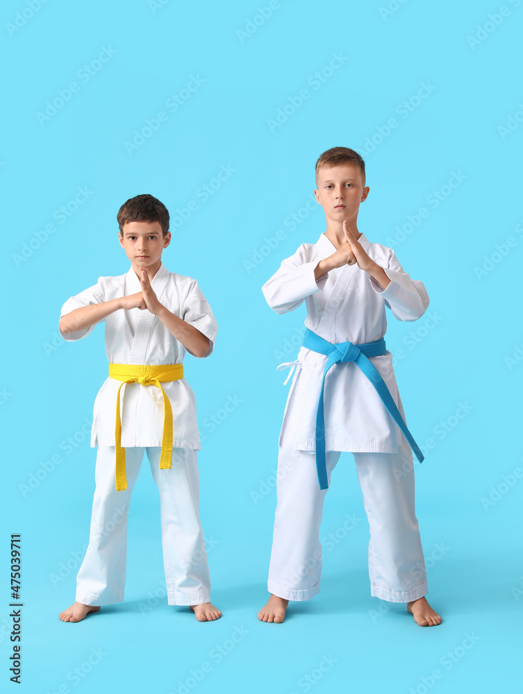Little boys practicing karate on color background Little boys practicing karate on color background
