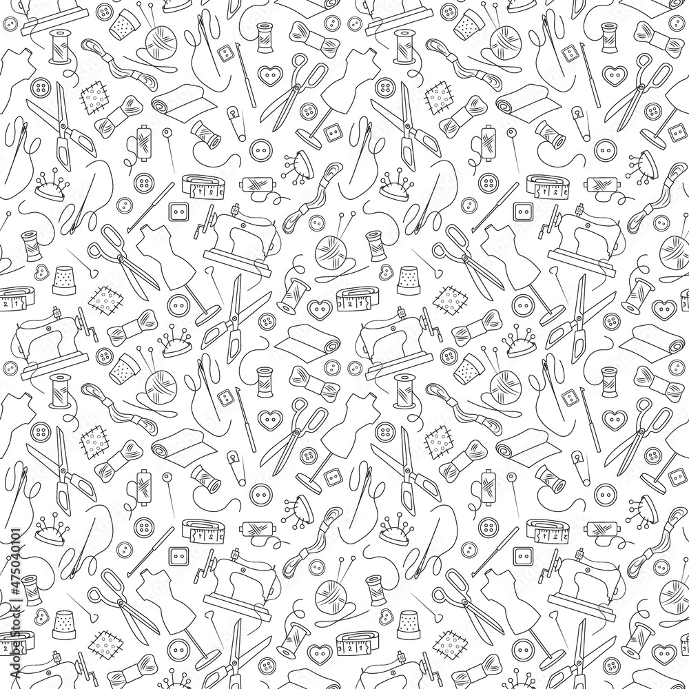 Seamless pattern on the theme of needlework and sewing , simple outline icons on a light background Seamless pattern on the theme of needlework and sewing , simple outline icons on a light background