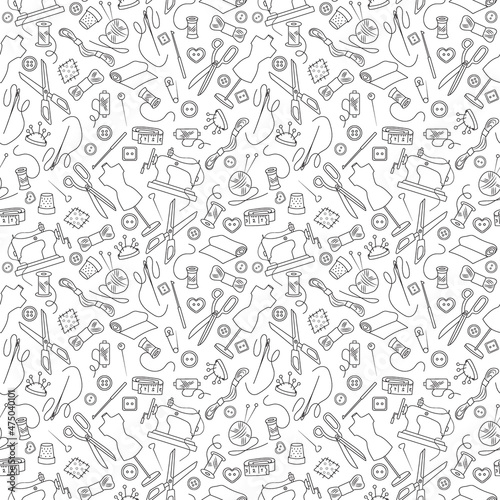 Seamless pattern on the theme of needlework and sewing , simple outline icons on a light background