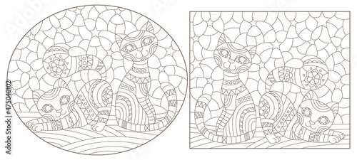 Set of outline illustrations in the style of stained glass with abstract cats , dark outlines on white background
