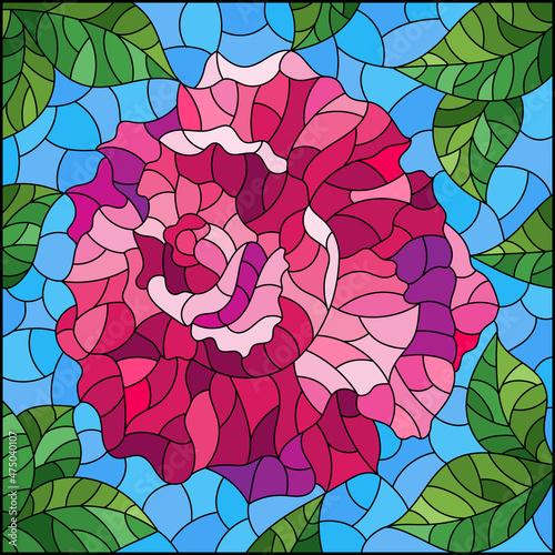 Illustration in stained glass style with a bright pink rose flower on a blue background, square image