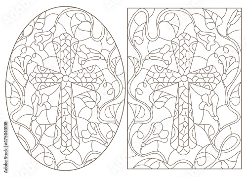 Set contour illustrations with Christian cross and flowers ,black contour on white background