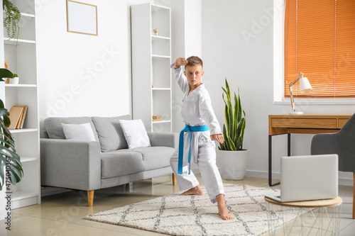 Little boy studying karate online at home