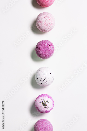 Lavender bath bombs from sea salt with natural healthy ingredients  fragrant spa products with lavender flower essential oil. Aromatherapy and herbal medicine balls  cosmetic for body care