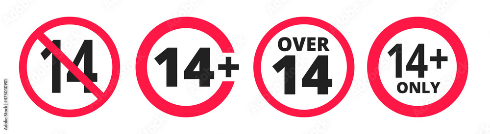 Over 14 years old plus forbidden round icon sign vector illustration set. 14 plus only or older persons adult content rating isolated on white background.