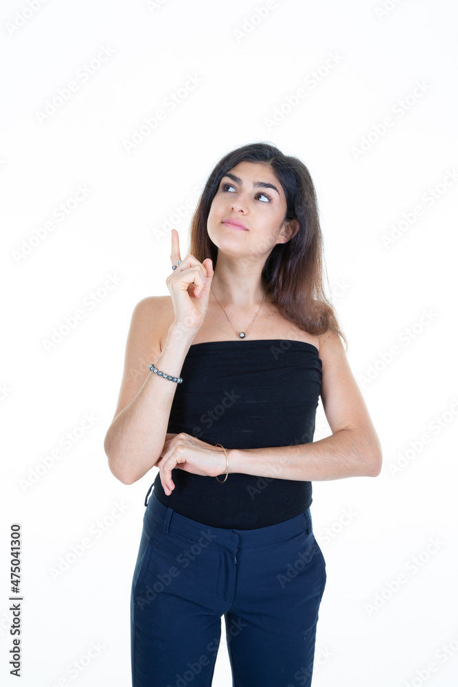 beautiful woman with pensive upward look beautiful woman with pensive upward look