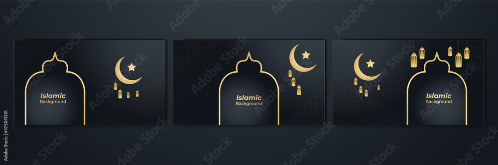 Mosque frame Black gold pattern Islamic design background. Ramadan Kareem background
