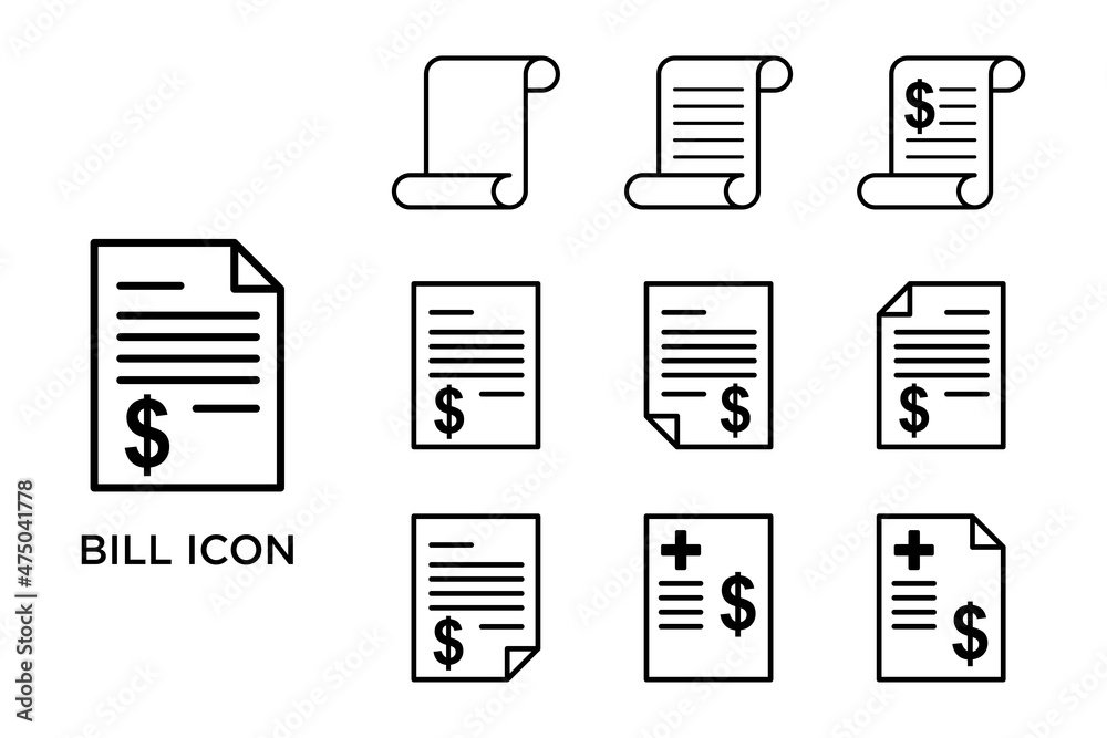bill icon set vector design template in white background bill icon set vector design template in white background