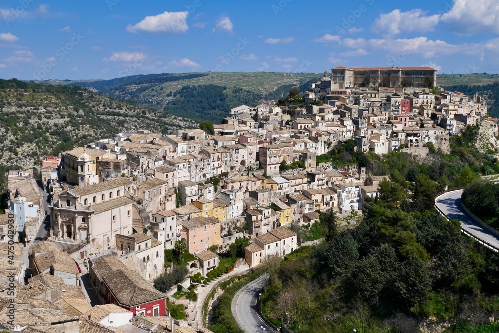 Panorama view of beautiful Baroque town Ragusa, UNESCO World Heritage Site. Sicily, Italy.