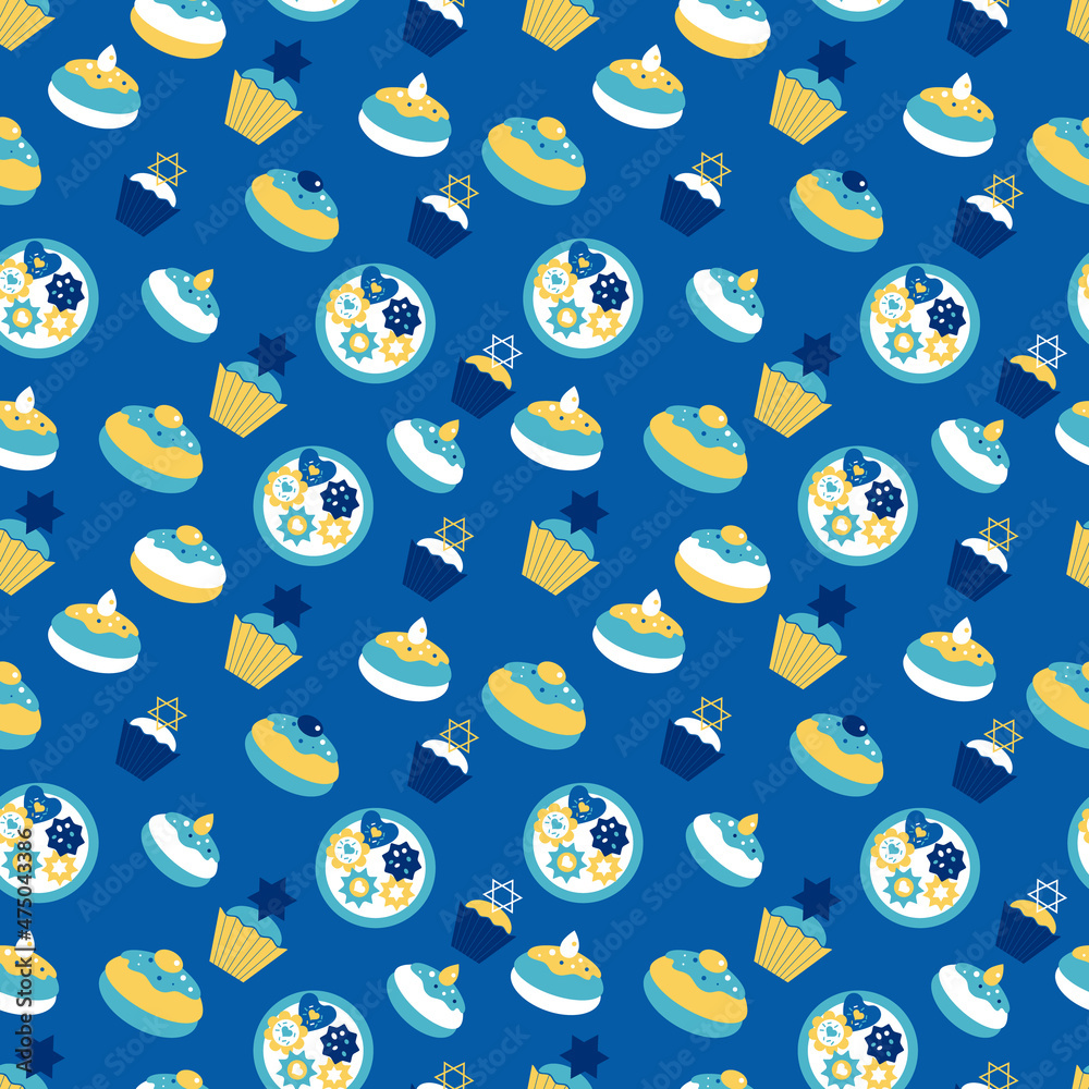 Hanukkah seamless pattern. Jewish donut seamless texture, traditional dessert on the holiday of Hanukkah background. Jewish donut pattern. Vector illustration Hanukkah seamless pattern. Jewish donut seamless texture, traditional dessert on the holiday of Hanukkah background. Jewish donut pattern. Vector illustration