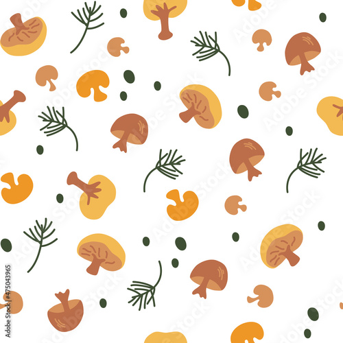 Mushrooms seamless pattern. Champignons and herbs, pickles. Food background. Organic product. Marinated vegetables. Wallpaper, textile, wrapping paper.  Hand draw vector illustration.