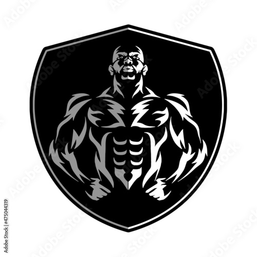 Muscular bodybuilder torso stylized silhouette, vector, logo, mascot, character