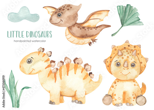 Watercolor set with cute dinosaurs kids  triceratops  stegosaurus  pterodactyl