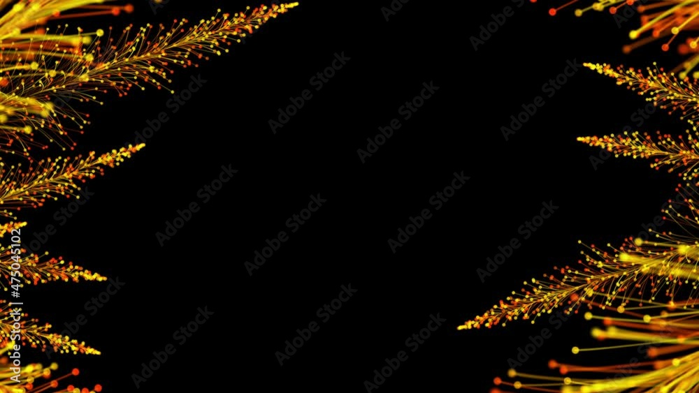 Stylish animation of bright branches dynamically growing on a black background and forming an elegant frame. Magical fabulous vegetation. The perfect background and element of any design