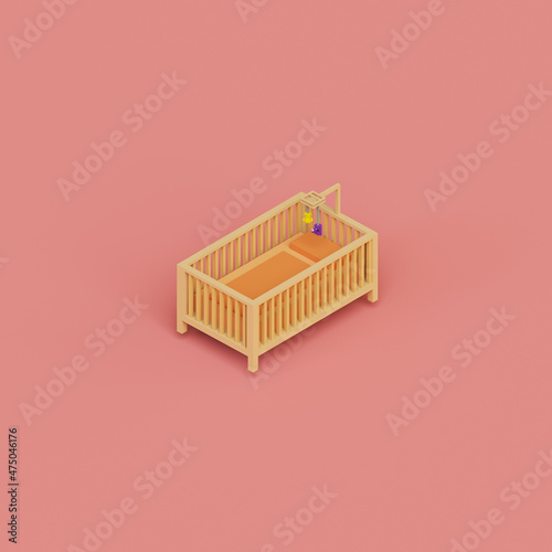 3d rendered isometric voxel cradle with toys and pink background. pixel style baby life concept illustration.