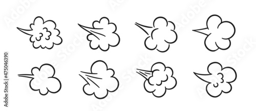 Comic fart cloud. Bad stink balloon. Explosion, angry breath. Cloud of smoke gas in comic style. Funny flatulence symbol. Set of vector illustration isolated on white background.